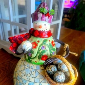 Jim Shore Colorful Snowman with Basket Holiday Decor